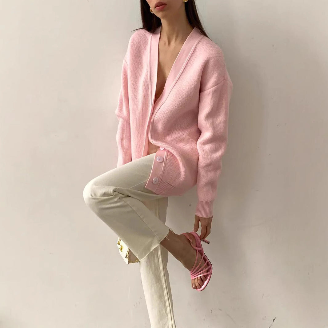 Women's cardigan with V-neck and fine rib texture NOVAE