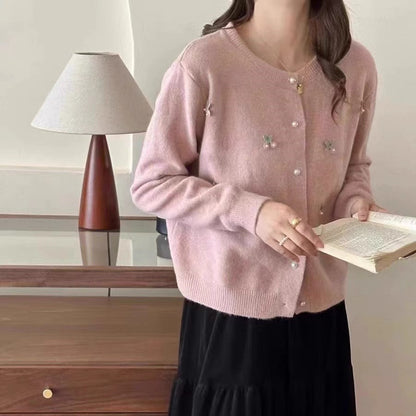 Women's cardigan with delicate pearl and flower appliqués NOVAE