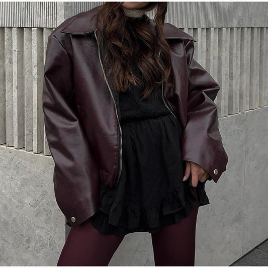 Women's modern faux leather jacket in an oversized cut with classic details NOVAE