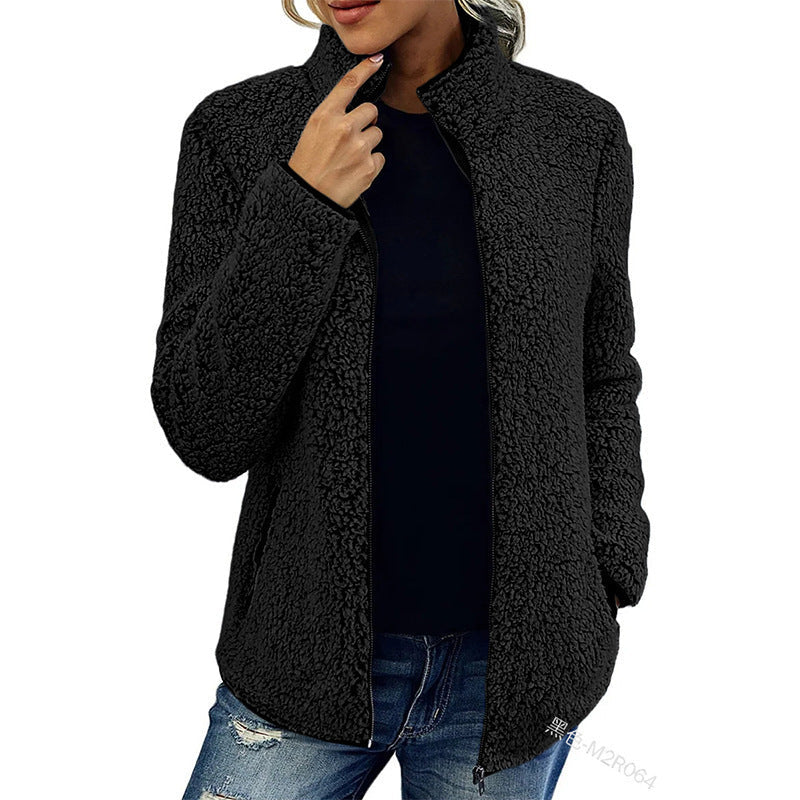 Women's fluffy fleece jacket with high collar and side pockets NOVAE