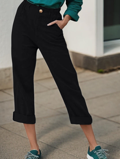 Women's Elegant Linen Trousers with Wide Leg and Turn-Up Hem NOVAE