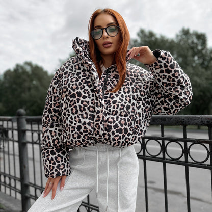 Women's stylish padded down jacket in fashionable leopard print NOVAE