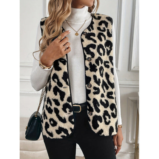 Women's fur vest with leopard print and button closure NOVAE
