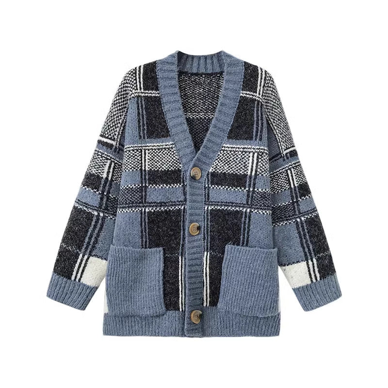 Women's Fashionable Oversized Cardigan with Check Pattern NOVAE
