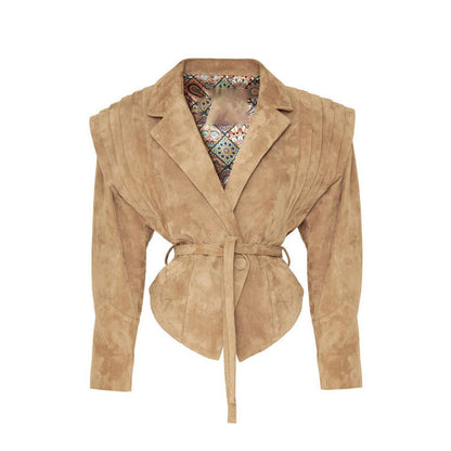 Women's fashionable blazer with smooth shoulder details and tie belt NOVAE