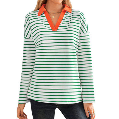 Women's striped polo shirt with V-neck and contrasting collar NOVAE
