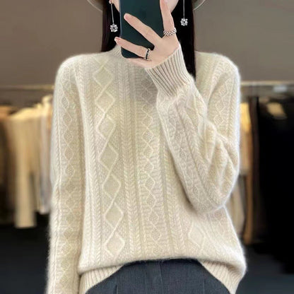 Women's High-Quality Knit Sweater with Stand-Up Collar and Cable Knit Design NOVAE