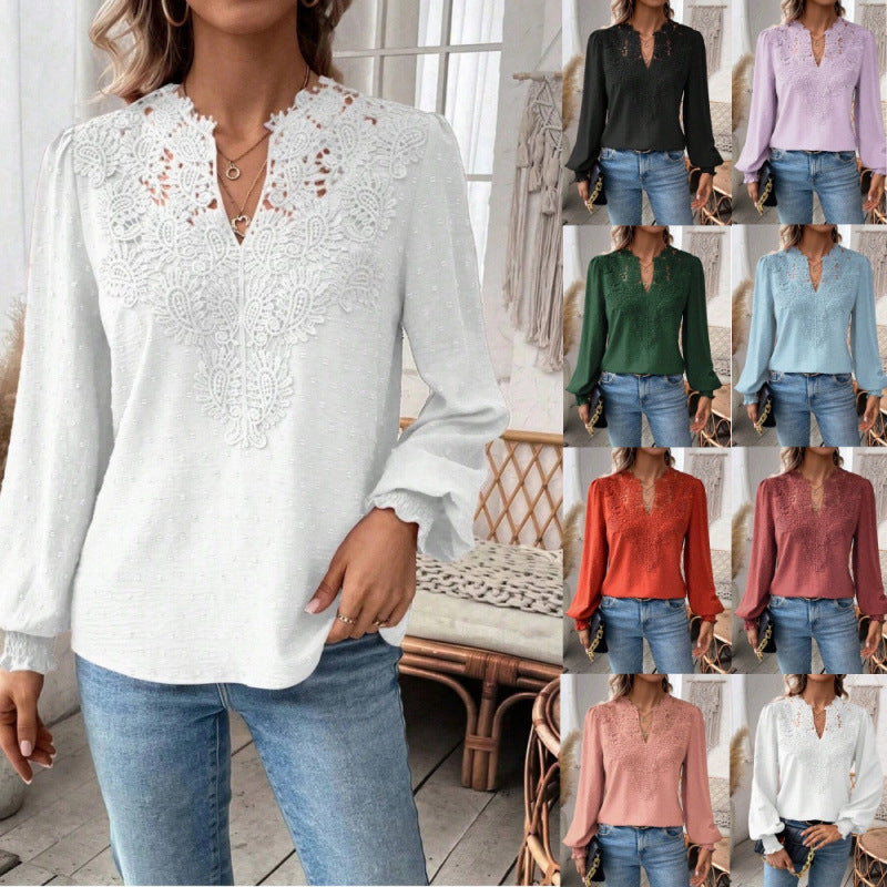 Women's blouse with embroidered V-neck and long sleeves NOVAE
