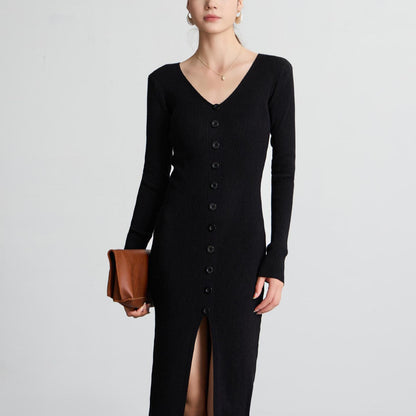 Women's Long-Sleeved Maxi Dress with Ribbed Texture and Button Detail NOVAE