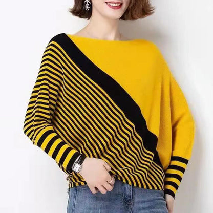 Women's fashionable knit sweater with asymmetrical cut and graphic stripe pattern NOVAE