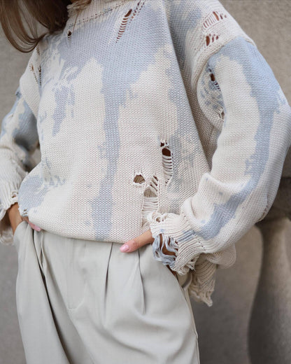 Women's casual oversized sweater with fashionable ripped details and creative color gradient NOVAE