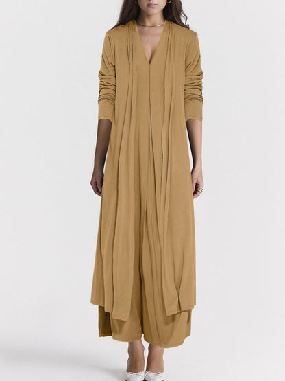 Women's elegant long jacket with deep V-neck and flowing cut NOVAE