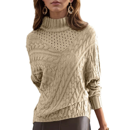 Women's knit sweater with high collar and detailed cable pattern NOVAE