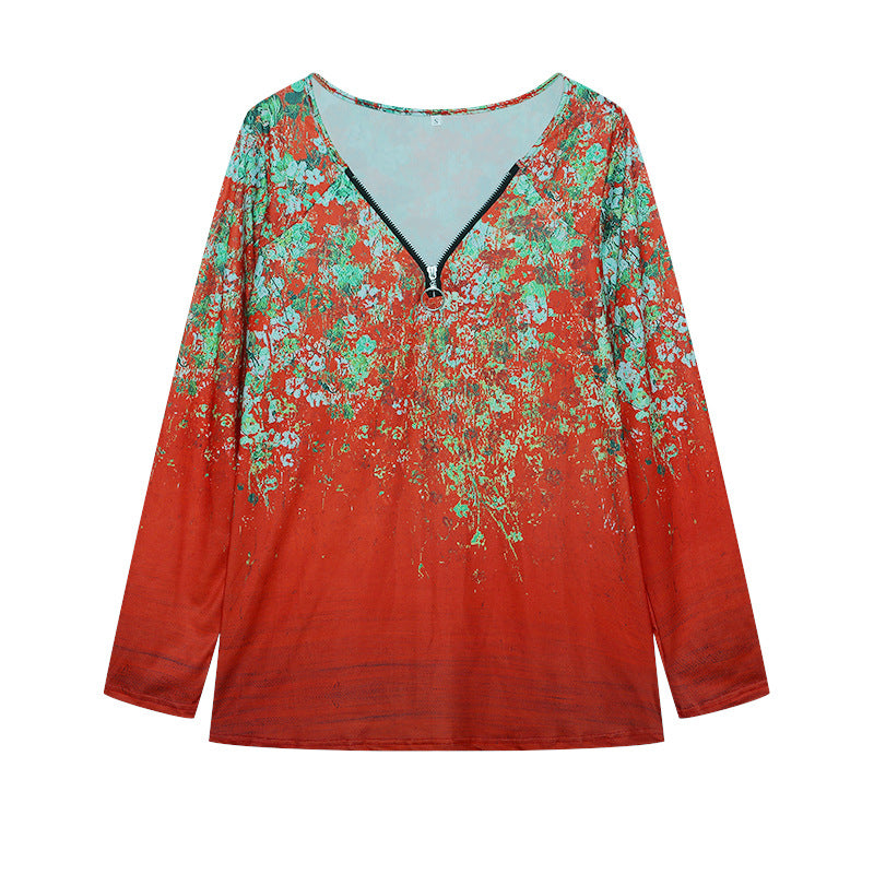 Women's long-sleeved shirt with colorful floral pattern and modern zipper NOVAE