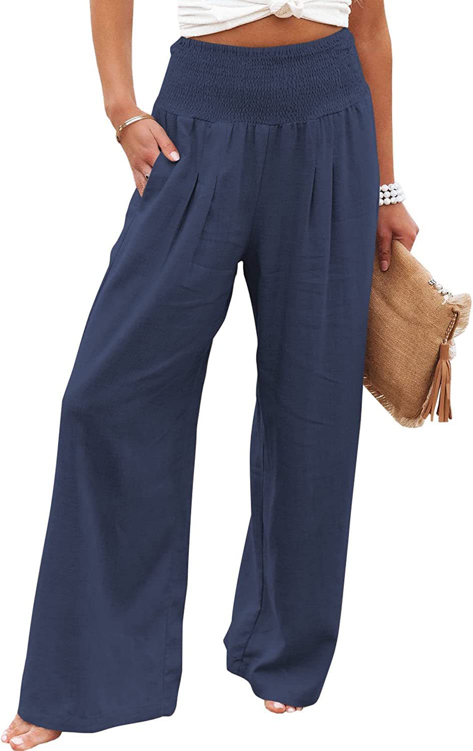 Women's airy linen trousers with elasticated waistband and wide cut NOVAE