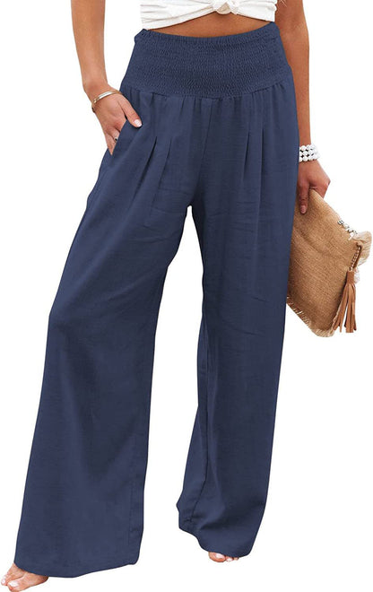 Women's airy linen trousers with elasticated waistband and wide cut NOVAE