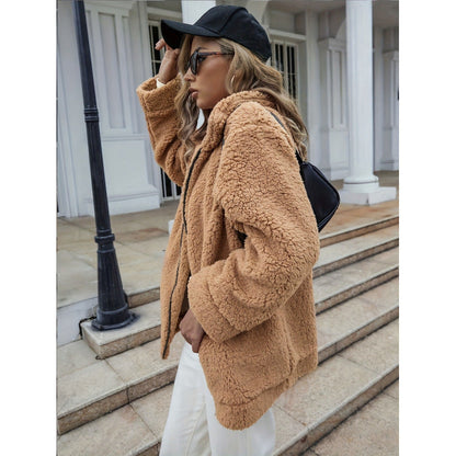 Women's Cozy Fleece Jacket with High Collar and Zipper NOVAE