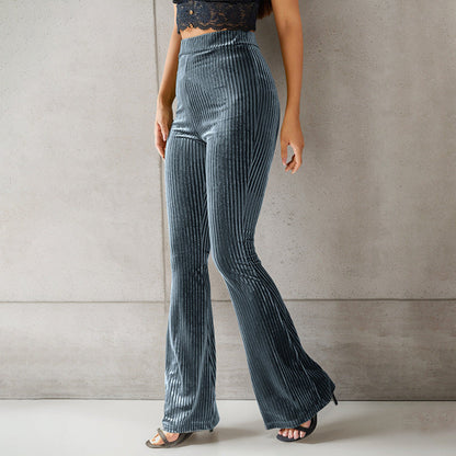 Women's elegant flared trousers in velvety material with a fine striped pattern NOVAE