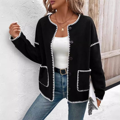 Women's fashionable cardigan with decorative contrast trim and large pockets NOVAE