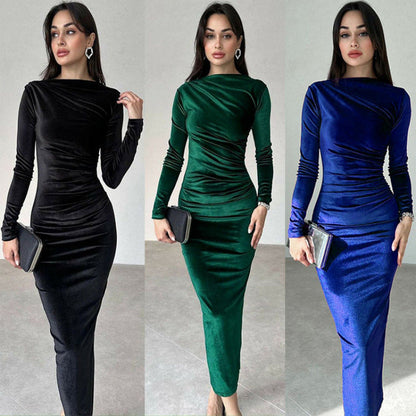 Women's elegant long-sleeved dress with a body-hugging silhouette and gathered design NOVAE