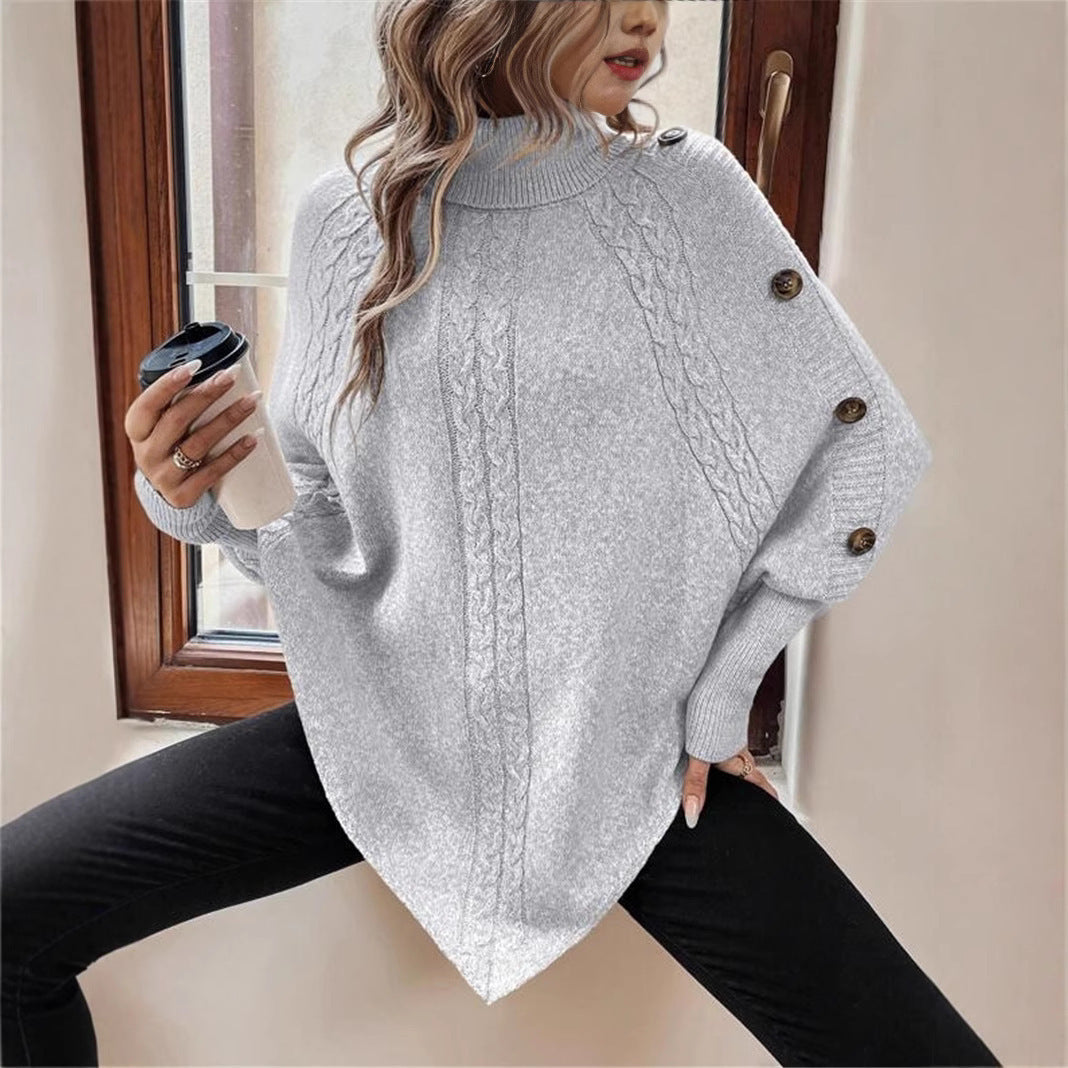 Women's Oversized Knit Sweater with Roll Neck and Button Details NOVAE