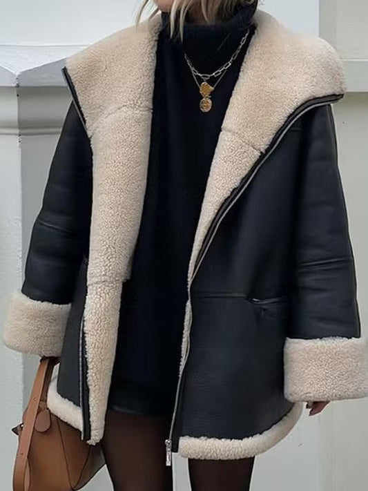 Women's faux leather jacket with cozy lining and high collar NOVAE