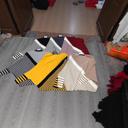 Women's fashionable knit sweater with asymmetrical cut and graphic stripe pattern NOVAE