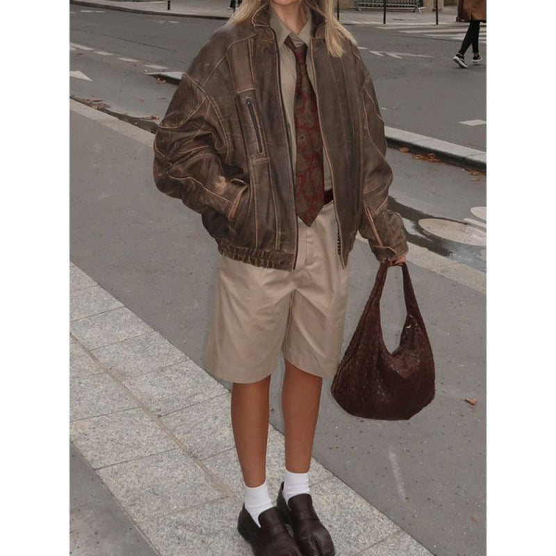 Women's Casual Vintage-Style Leather Jacket with Elastic Waistband NOVAE