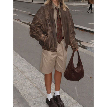 Women's Casual Vintage-Style Leather Jacket with Elastic Waistband NOVAE