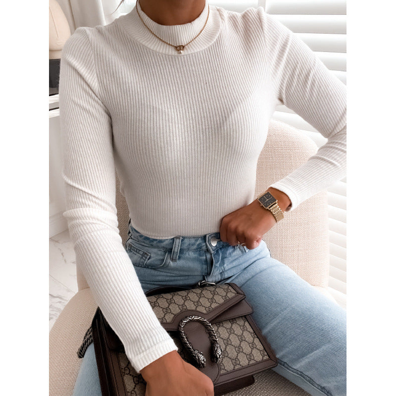 Women's long-sleeved top with structured ribbed texture and high-necked collar NOVAE