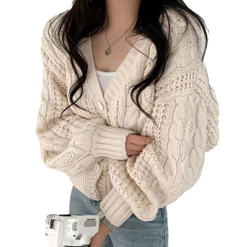 Women's chunky knit cardigan with voluminous sleeves and textured surface NOVAE