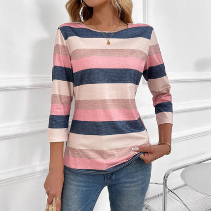 Women's striped top with 3/4 sleeves and wide round neck NOVAE