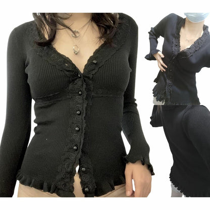 Women's knitted top with romantic lace trim and ruffle details NOVAE