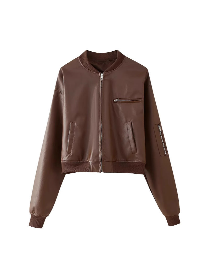 Women's leather bomber jacket with practical zip pockets and elastic waistband NOVAE