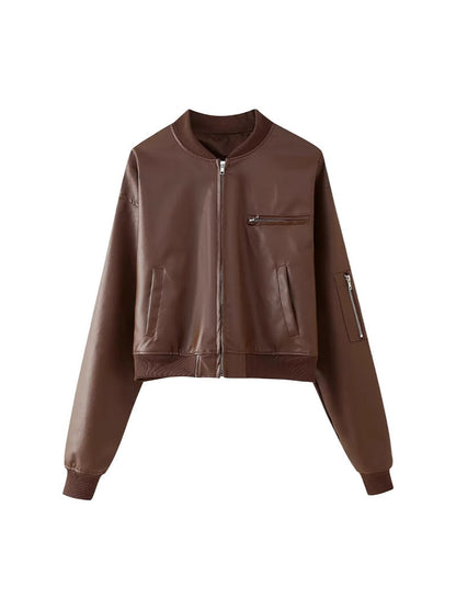 Women's leather bomber jacket with practical zip pockets and elastic waistband NOVAE