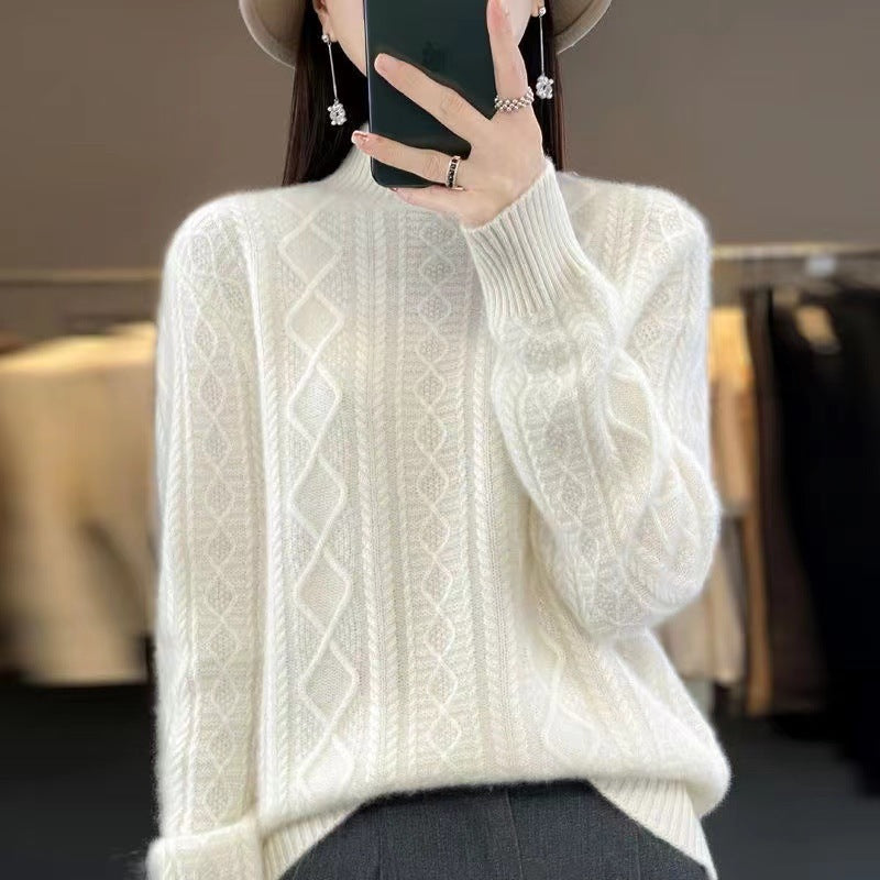 Women's High-Quality Knit Sweater with Stand-Up Collar and Cable Knit Design NOVAE