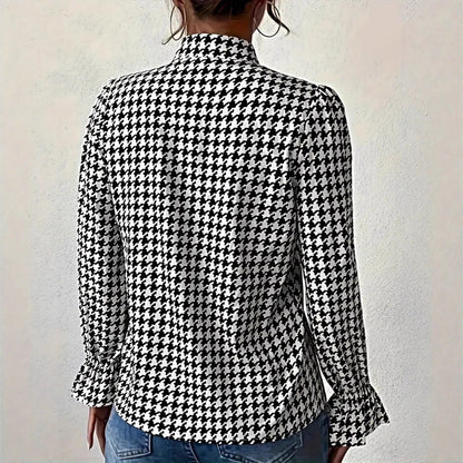 Women's long-sleeved blouse with classic houndstooth pattern and fashionable flounce sleeves NOVAE