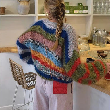 Women's Cozy Knit Sweater with Wide Flared Sleeves and Colorful Stripe Pattern NOVAE