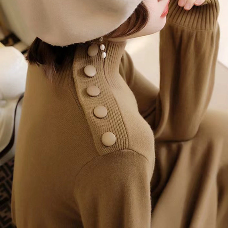 Women's Elegant Knit Maxi Dress with High Neck and Decorative Buttons NOVAE