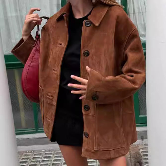 Women's Oversized Suede Jacket with Button Details NOVAE