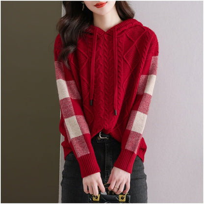 Women's knitted sweater with hood and fashionable check pattern NOVAE