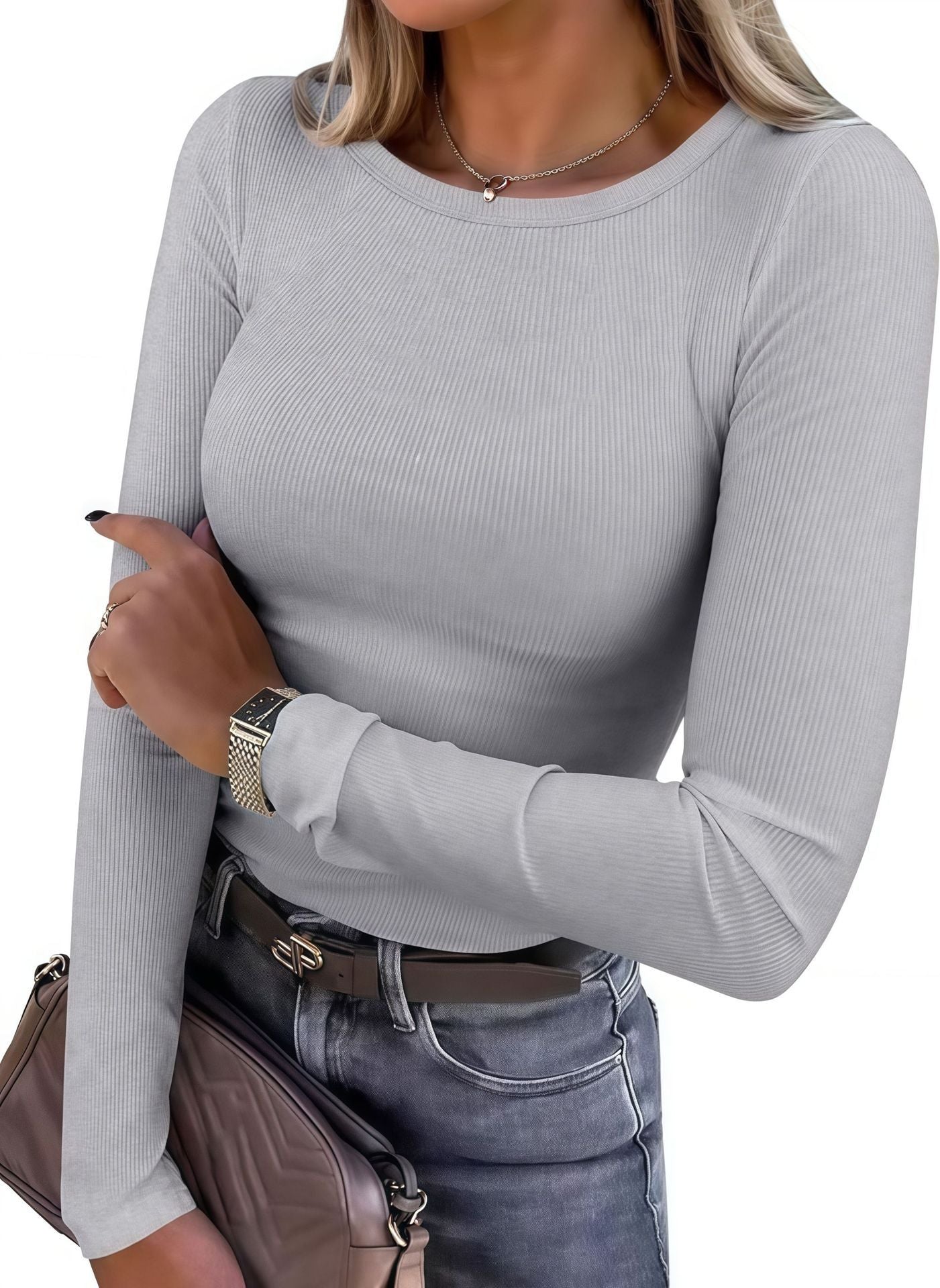 Women's long-sleeved shirt with structured rib design and subtle round neckline NOVAE