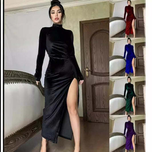 Women's Elegant Wrap Dress with High Neckline and Side Slit NOVAE