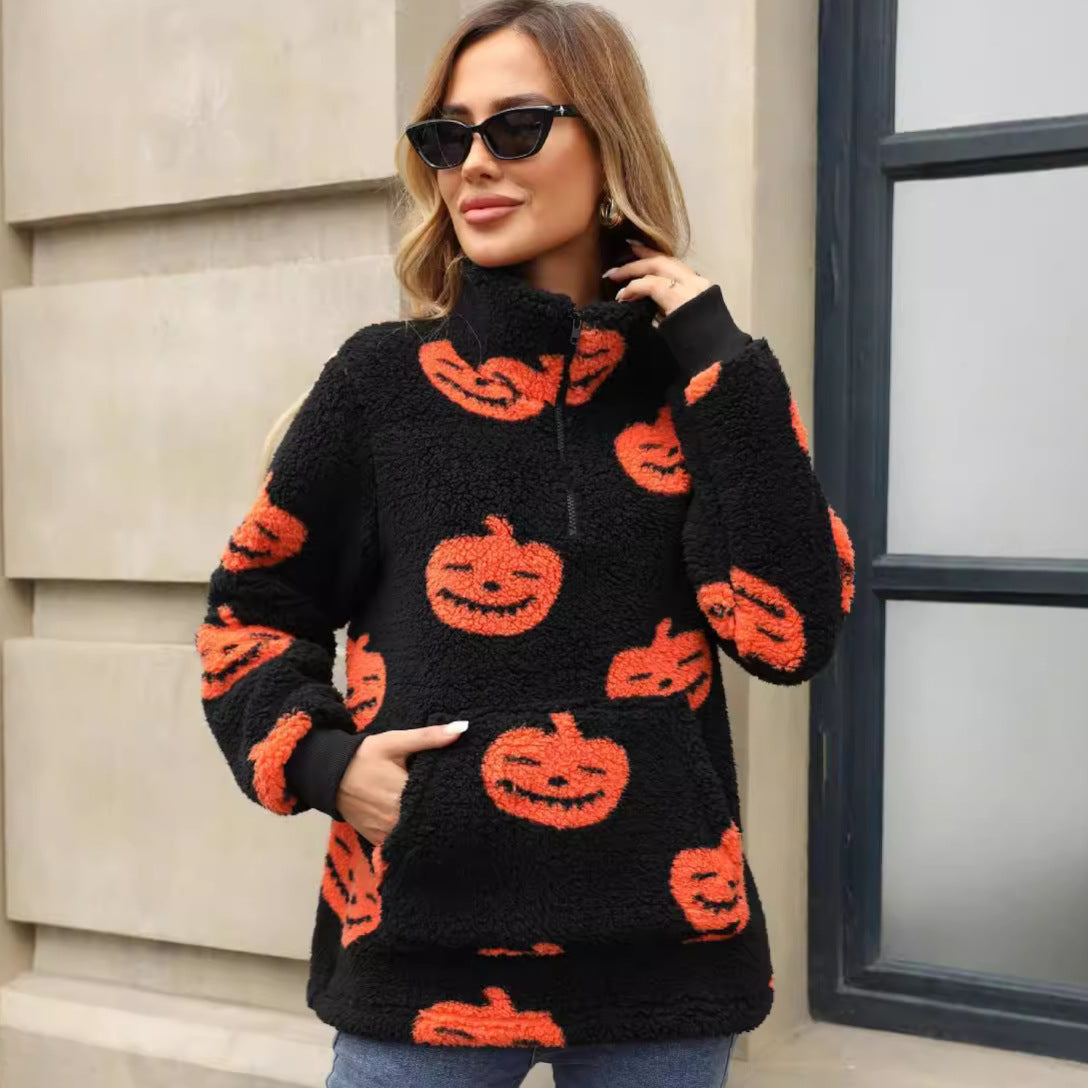Women's plush sweater with Halloween motif and practical pockets NOVAE