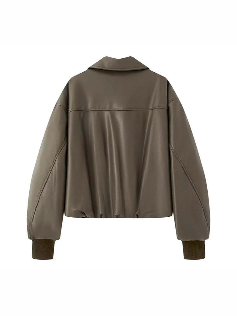 Women's casual faux leather jacket with a voluminous cut and practical pockets NOVAE