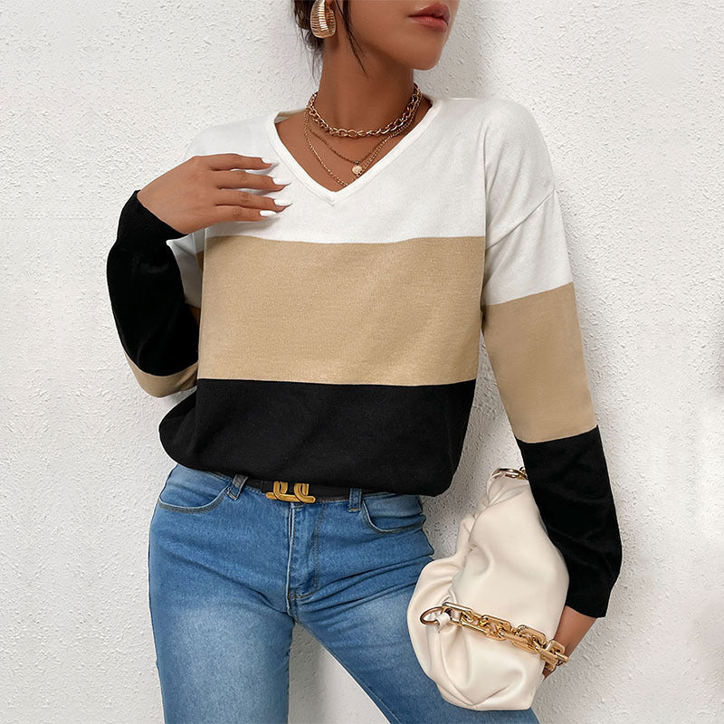Women's V-neck sweater with striped design and casual cut NOVAE