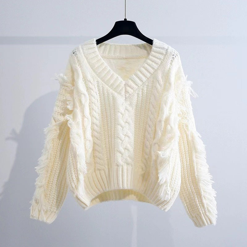 Women's Stylish Knit Sweater with Fringe and Cable Pattern NOVAE