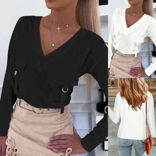 Women's Stylish Top with V-Neck and Practical Pockets NOVAE