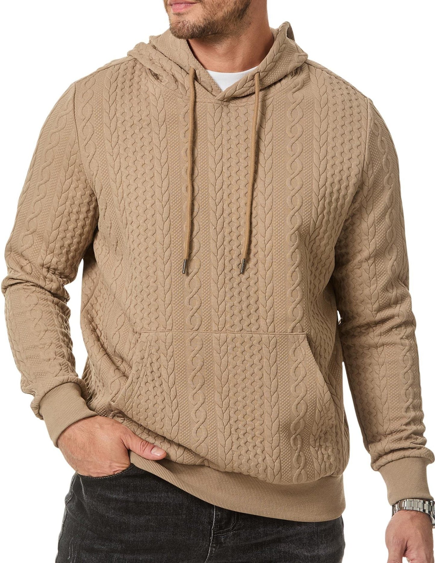Men's hooded sweatshirt with textured cable knit pattern NOVAE