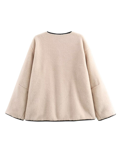 Women's Cozy Fluffy Jacket with Button Closure and Practical Pockets NOVAE